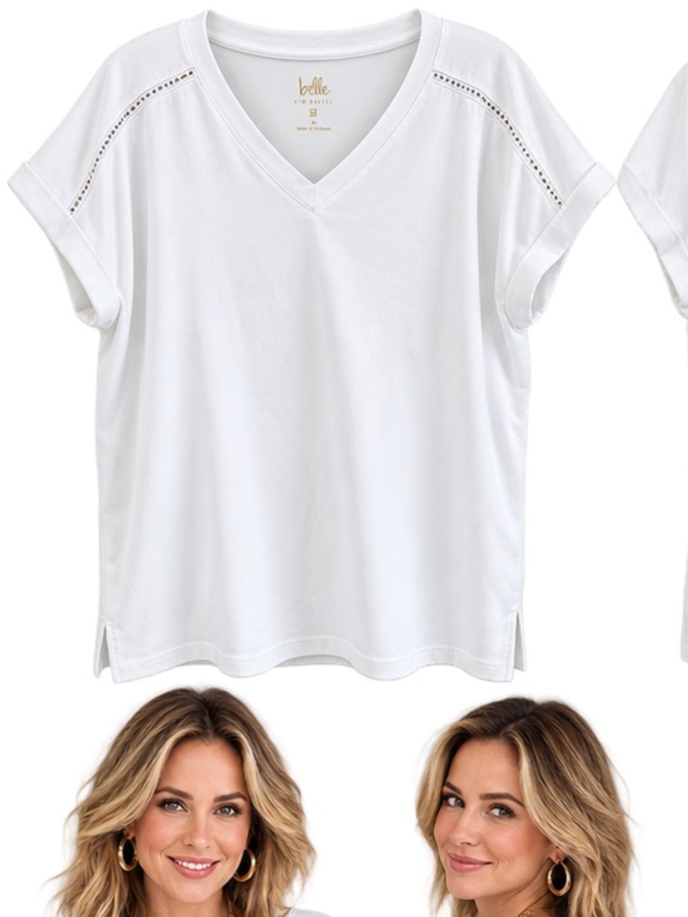 Belle by Kim Gravel White V-Neck Short Sleeve Top with Eyelet Detail